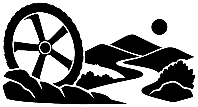 Bicycle horizon vinyl decal: white wheel, rider, and trail landscape graphic