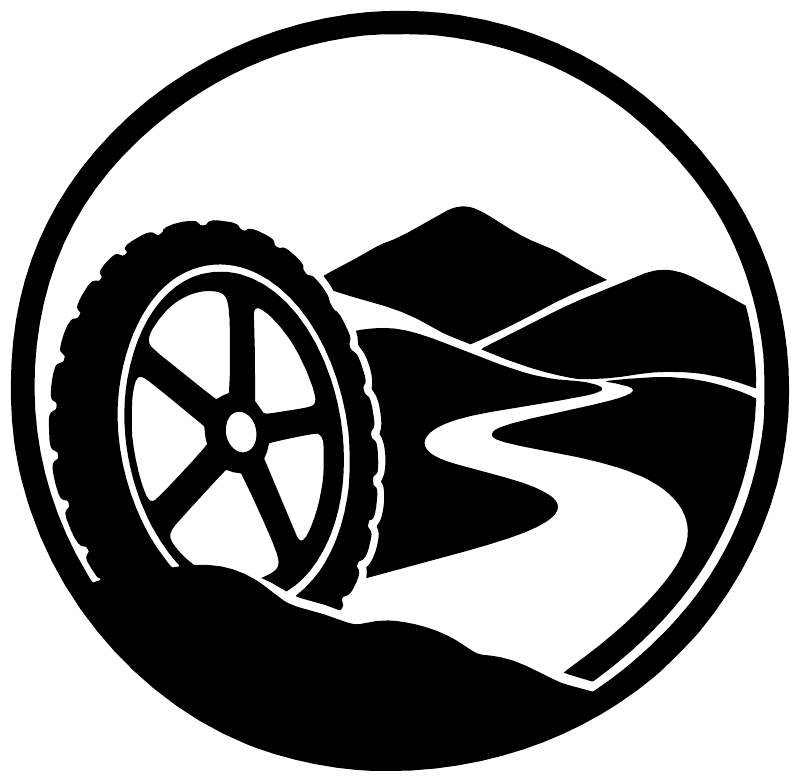 Bicycle crest vinyl decal close-up, white-and-black circular logo with tire and frame