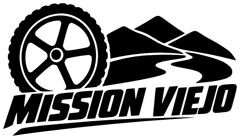 Mission Viejo trail bicycle wordmark vinyl decal with wheel icon and text