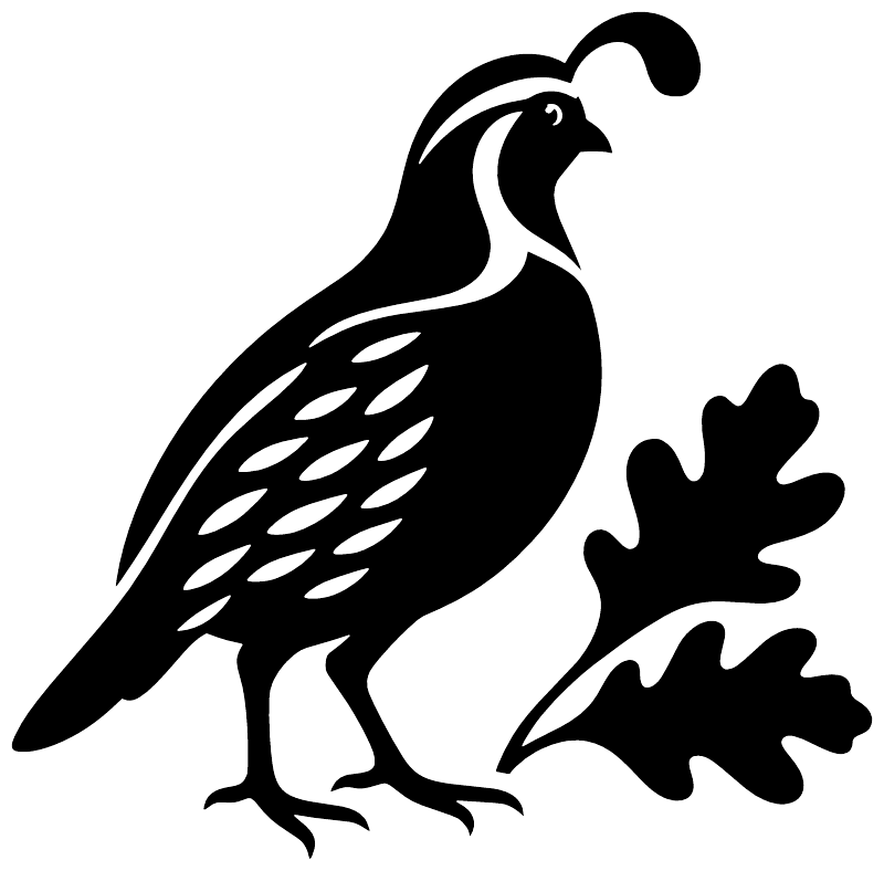 Vinyl decal graphic of black quail with white accents and leaf shapes