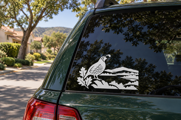 Quail and landscape horizon vinyl decal for car rear window, black silhouette