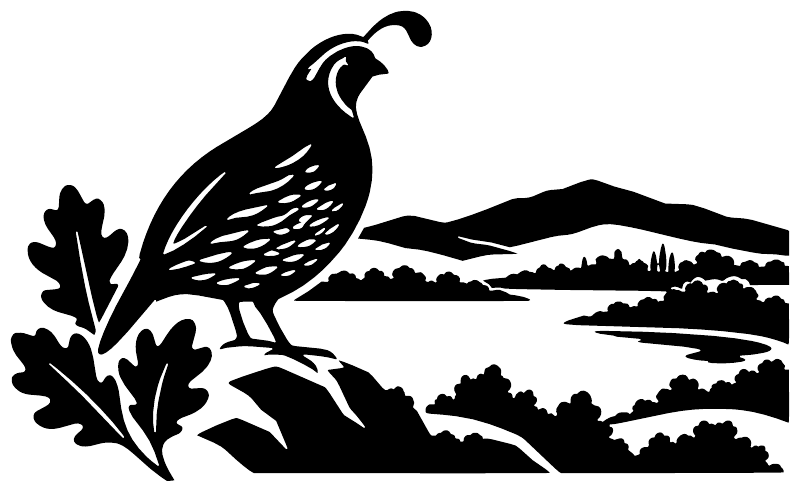 Quail on branches with landscape horizon vinyl decal, black silhouette