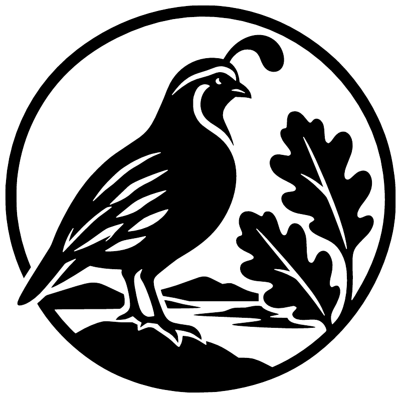 Quail crest vinyl decal with bird and oak leaves icon in black and white