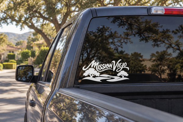 Mission Viejo classic lettering vinyl decal with white script and tree-lined landscape