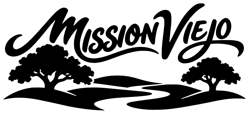 Mission Viejo vinyl decal in black script with tree silhouettes and wavy road