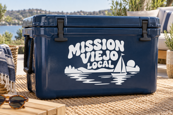 White vinyl decal reading 'Mission Viejo Local' with sailboat and skyline