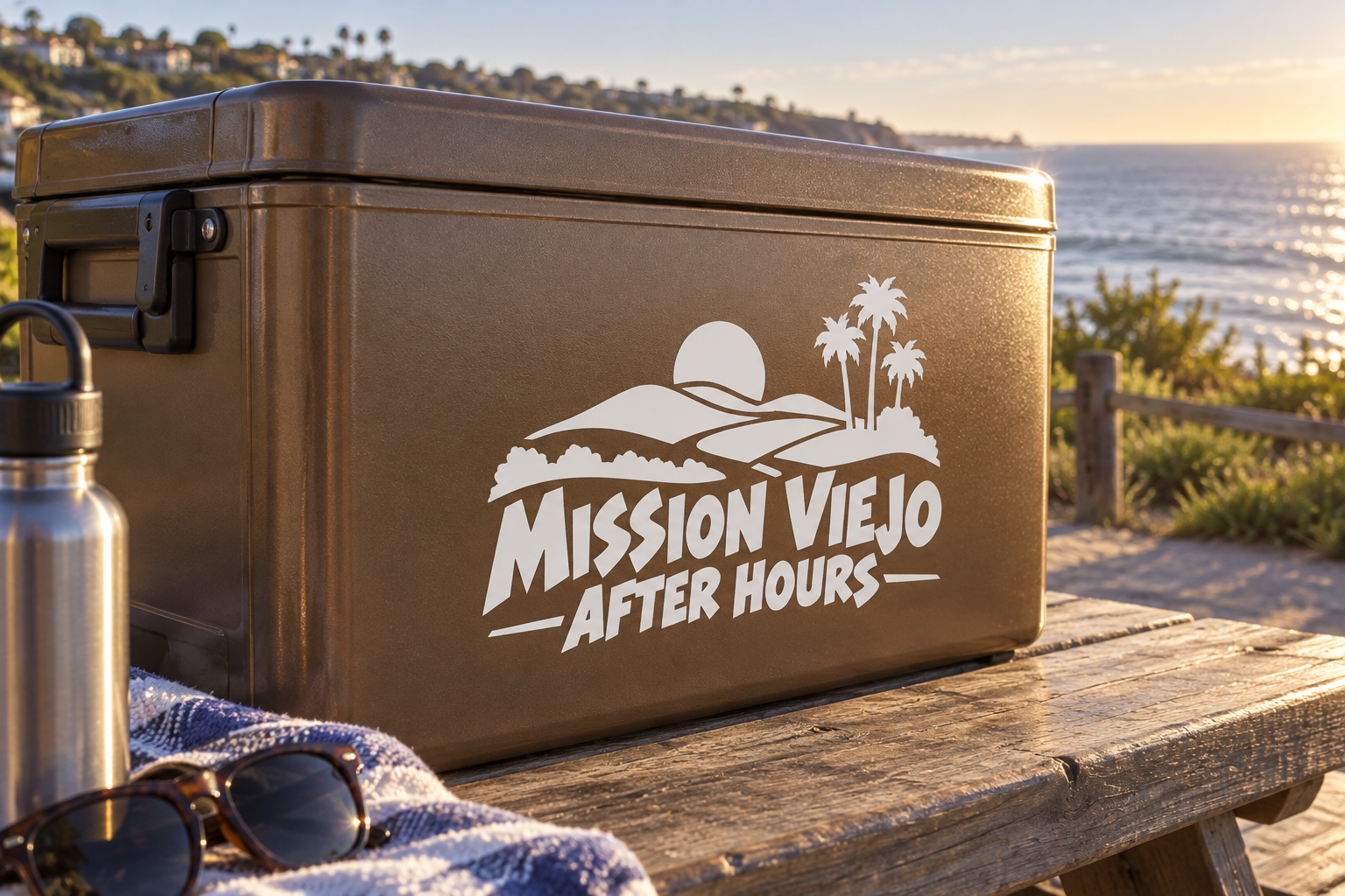 Rectangular Mission Viejo After Hours vinyl decal with palm trees and sunset logo
