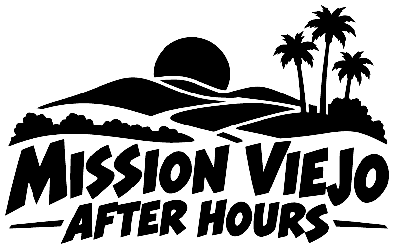 Bold black Mission Viejo After Hours decal logo with mountains, sun, and palm trees