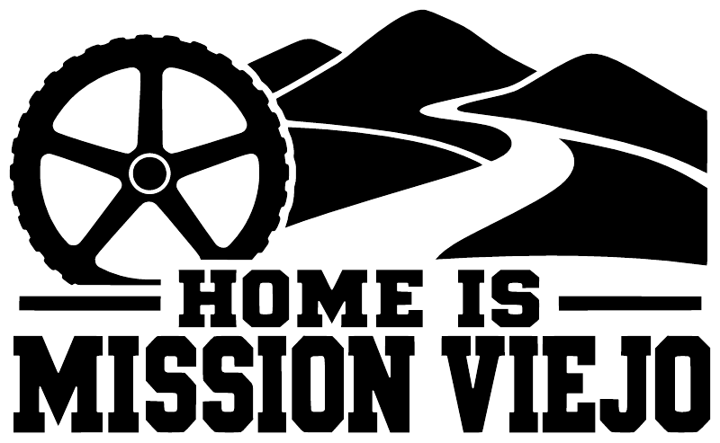 Black and white vinyl decal design with wheel, mountains, and HOME IS MISSION VIEJO text