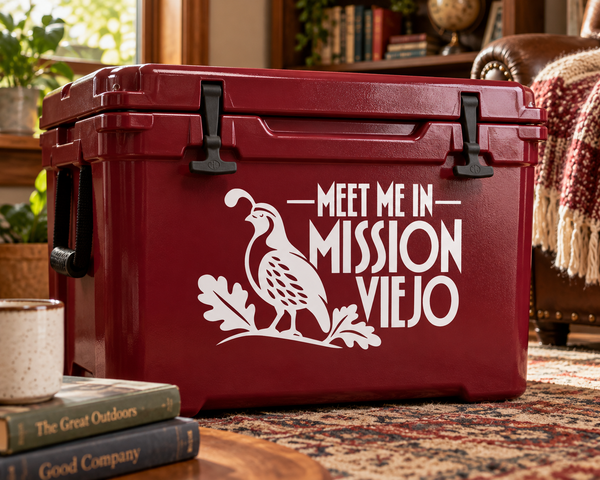 Vinyl lettering decal reading "MEET ME IN MISSION VIEJO" with bird-and-leaves graphic
