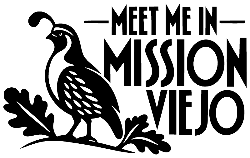 Vinyl decal artwork: "MEET ME IN MISSION VIEJO" text with black bird and leaves