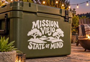 Vinyl decal for Mission Viejo State of Mind with trees, river, and bold lettering