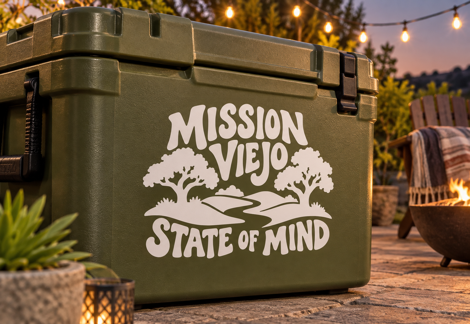 Vinyl decal for Mission Viejo State of Mind with trees, river, and bold lettering