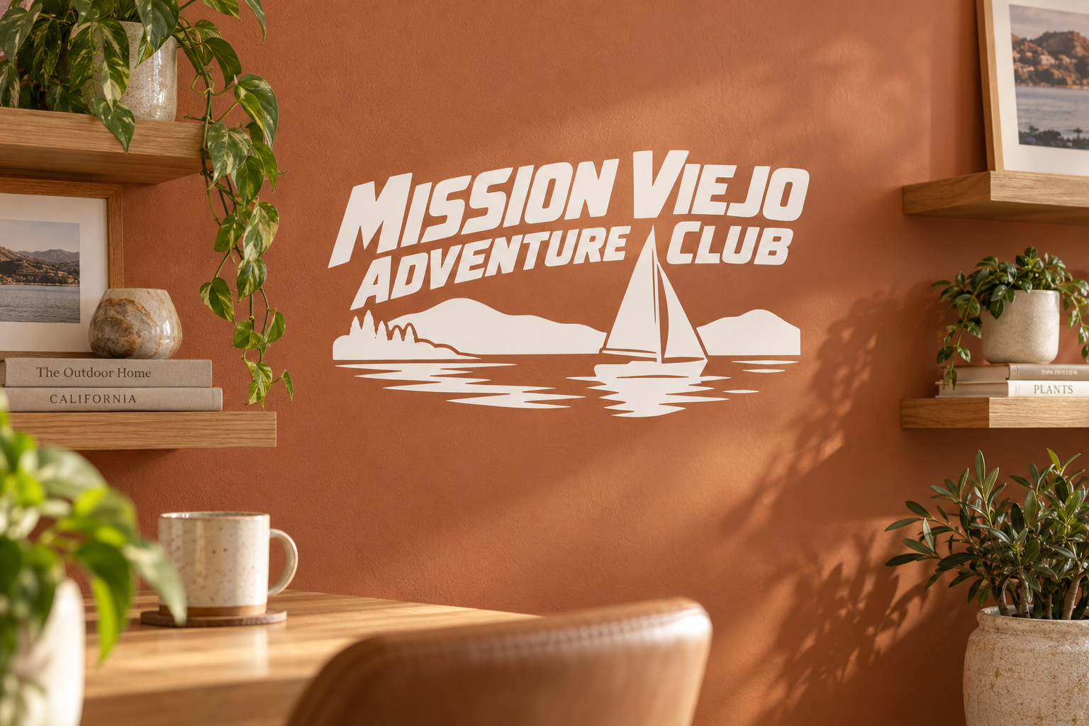 Mission Viejo Adventure Club vinyl decal with sailboat and waves, white and dark design