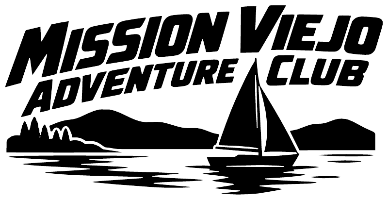 Mission Viejo Adventure Club vinyl decal close-up: bold text, sailboat, black waves