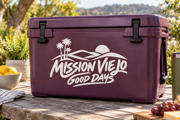Purple cooler with Mission Viejo Good Days vinyl decal: palm trees, sun, and wave script