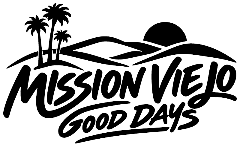 Black and white vinyl decal with palm trees, sun, and wave script graphics