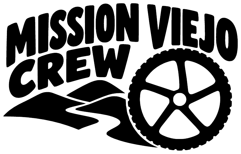 White vinyl decal reading Mission Viejo Crew with wheel and flame graphic