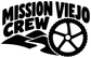 White vinyl decal reading Mission Viejo Crew with wheel and flame graphic