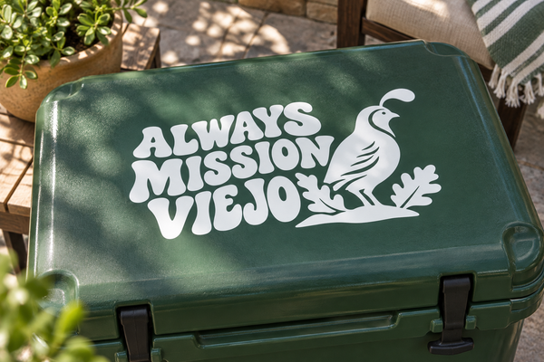 Always Mission Viejo vinyl decal with black lettering and dove illustration
