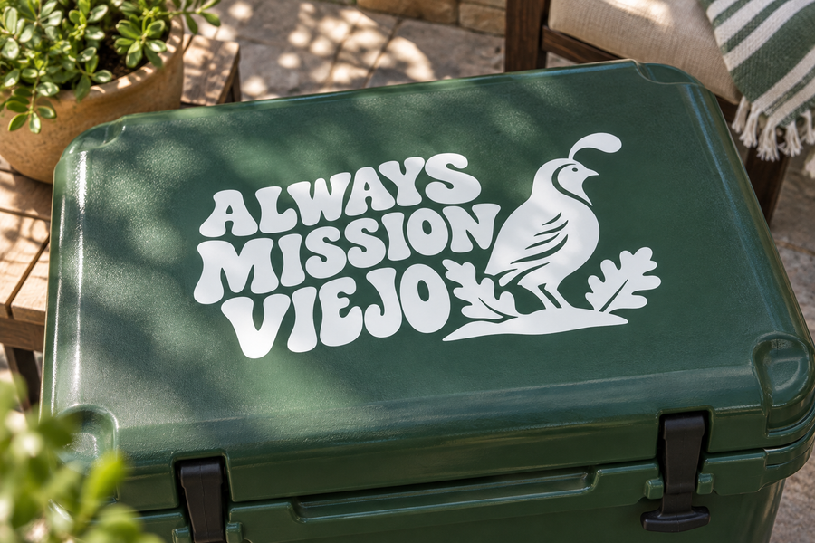 Always Mission Viejo vinyl decal with black lettering and dove illustration