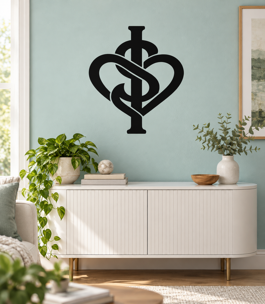 Black dollar-heart knot vinyl decal with intertwined dollar sign and heart