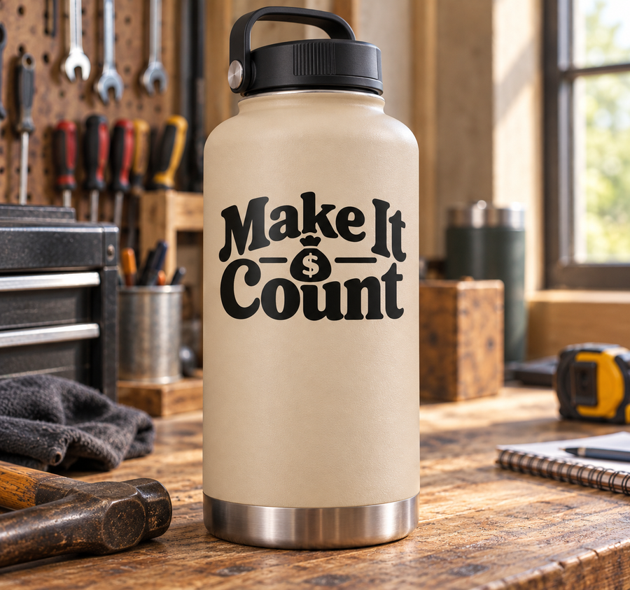 Vinyl decal with bold black 'Make It Count' text and dollar heart icon