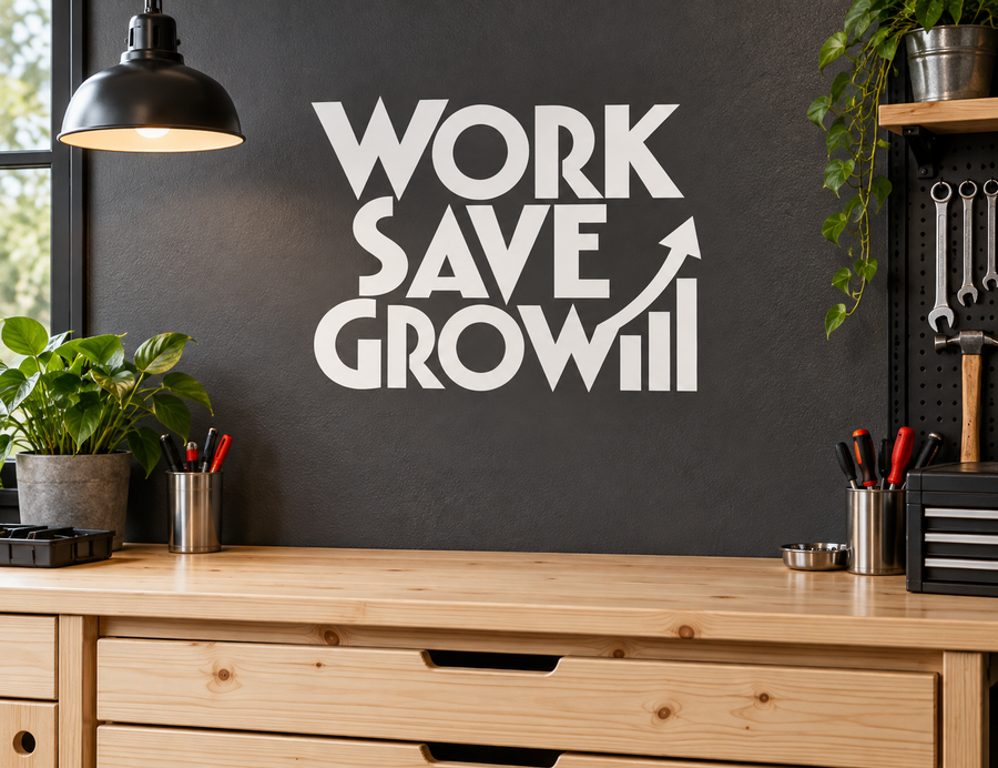 Vinyl wall decal with WORK, SAVE, and GROW text in bold white letters