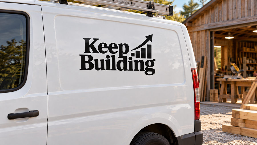 Keep Building vinyl decal on white van door, black text with upward arrow