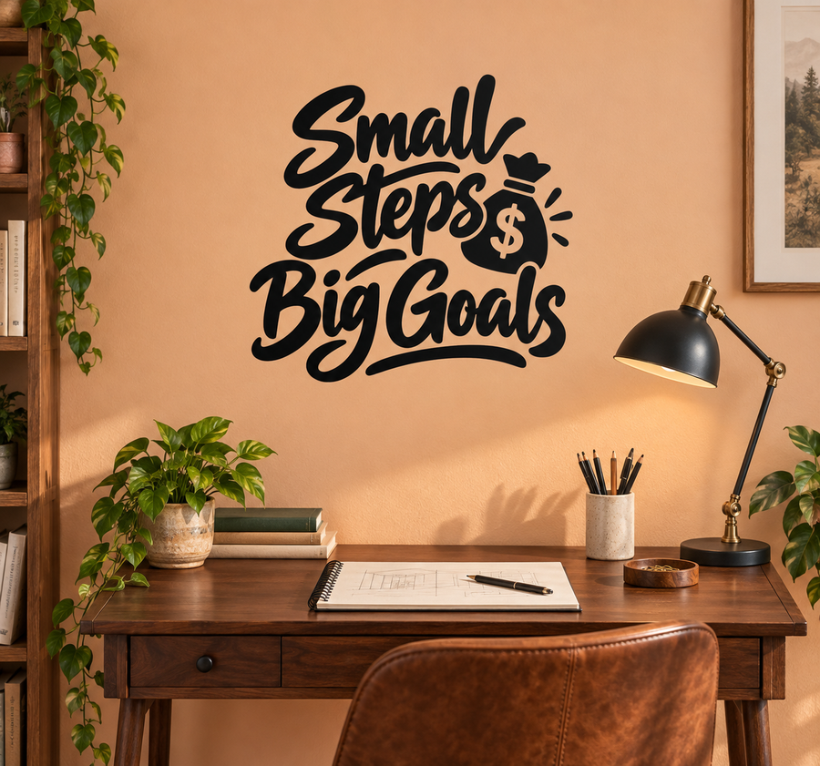 Black vinyl wall decal reading “Small Steps Big Goals” with dollar-sign accent