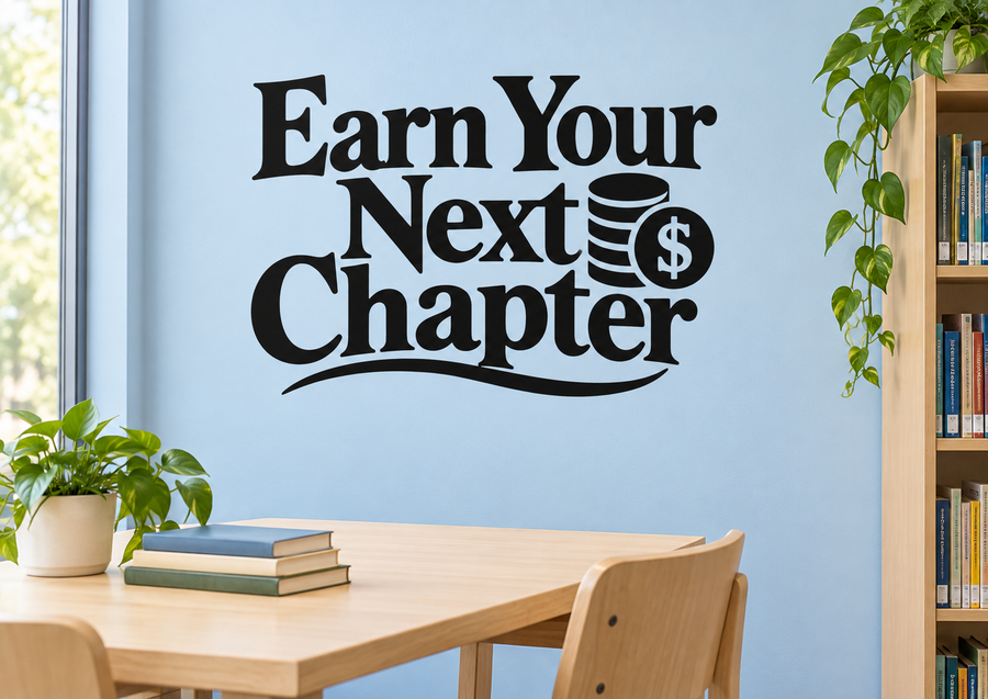 Vinyl wall decal with bold 'Earn Your Next Chapter' lettering, coin stack and $