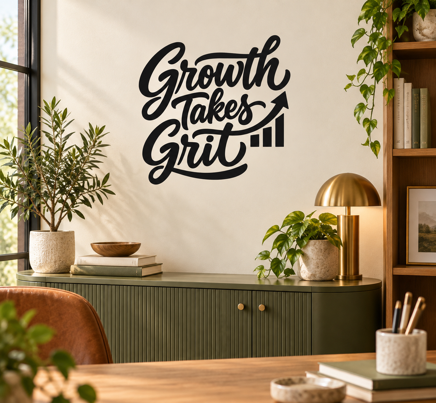 Vinyl wall decal with black script text: “Growth Takes Grit”