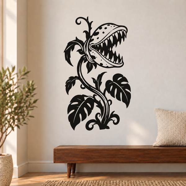 Black monster flower vinyl wall decal with split leaves and wide-tooth head