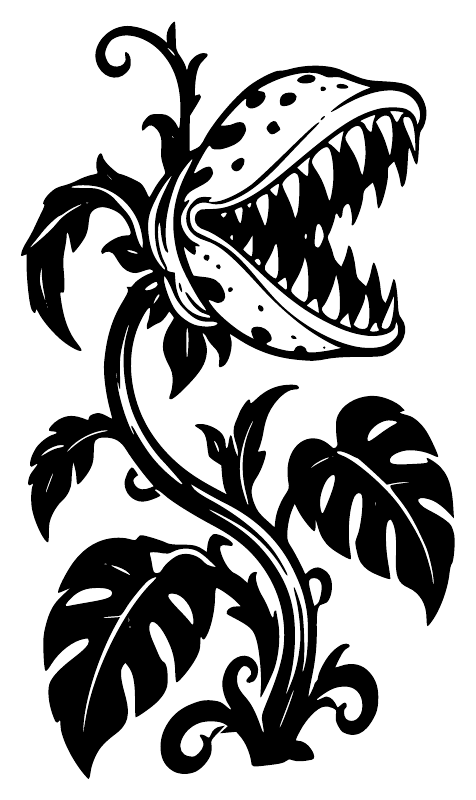 Close-up black monster flower vinyl decal with spotted mouth and split leaves