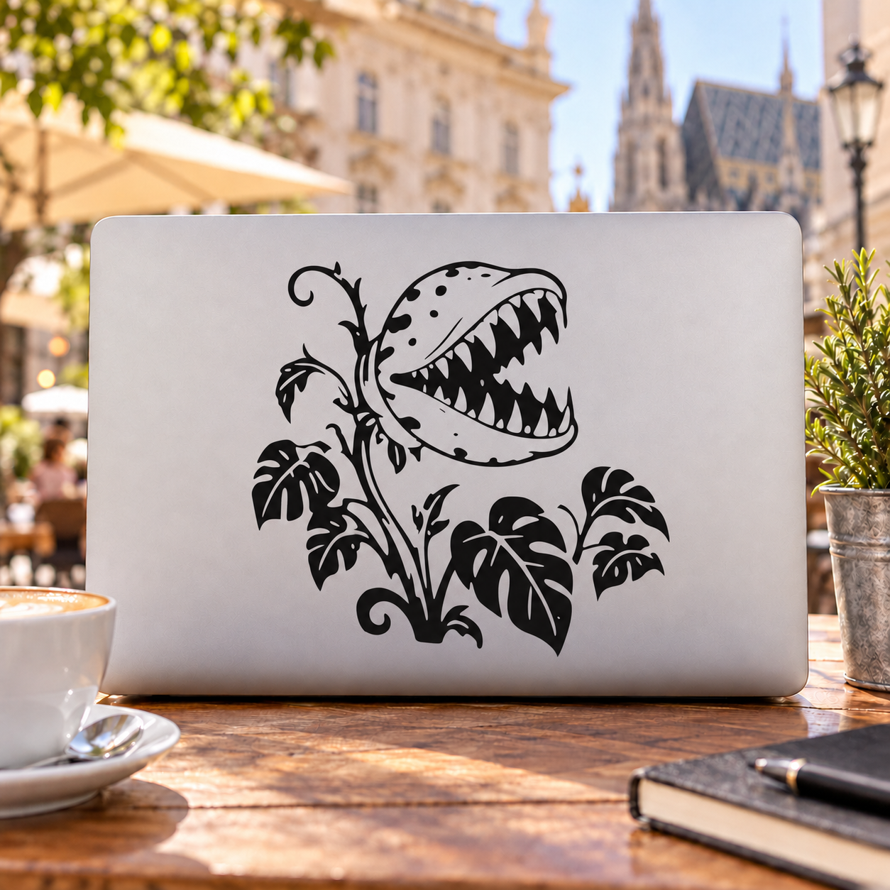 Black monster flower and monstera leaf vinyl decal with curling tendrils on light surface