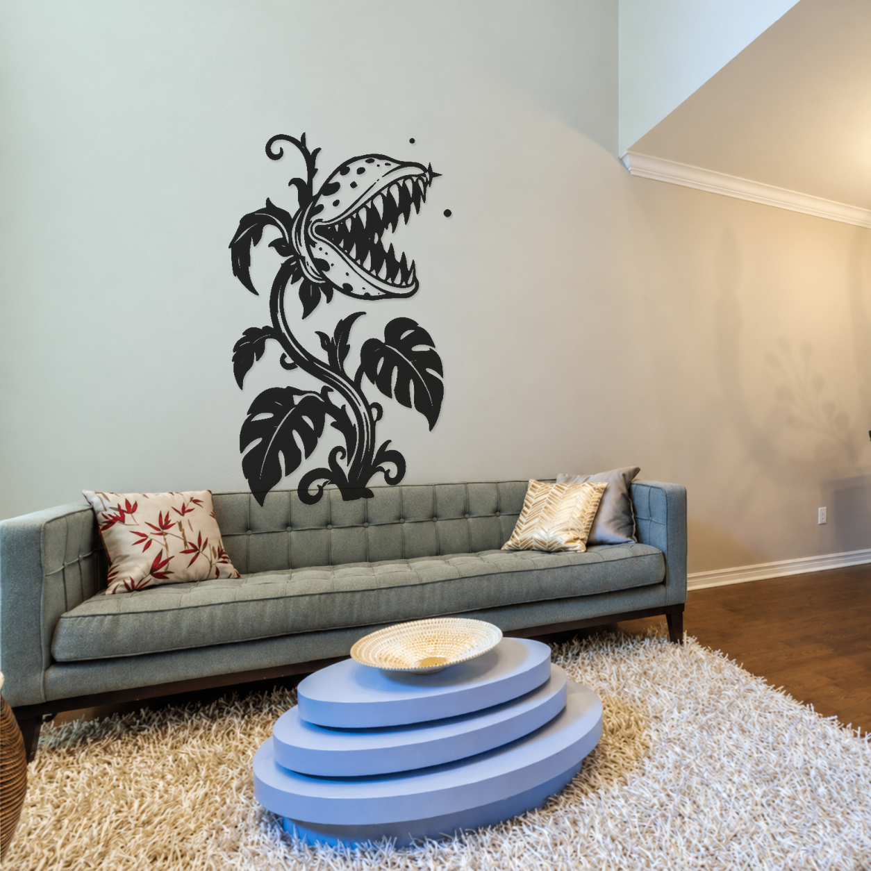 Black monster flower wall decal with spotted T-rex mouth and split leaves