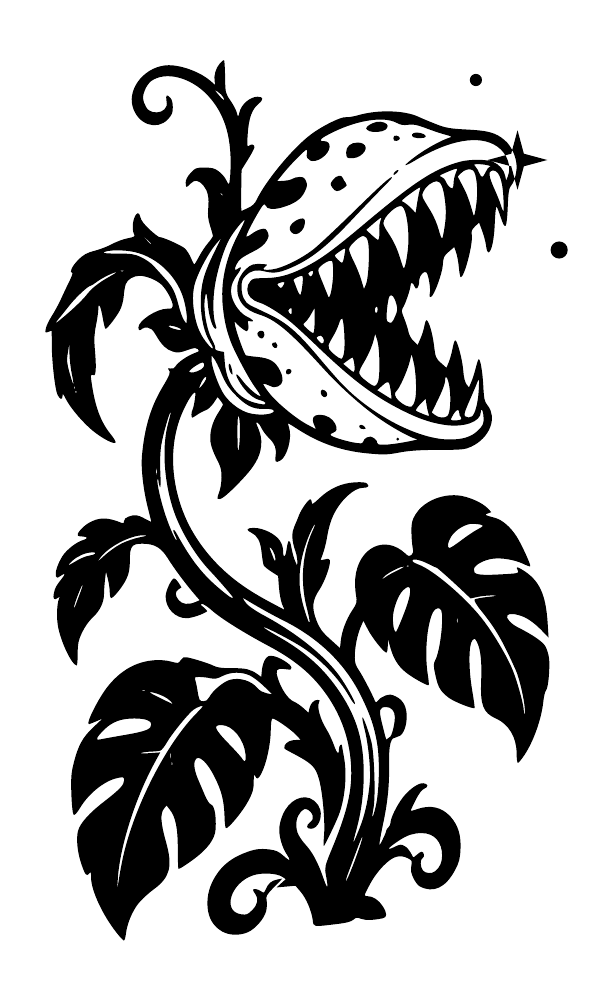 Black spotted monster dinosaur face wall decal with jagged teeth and leaf accents
