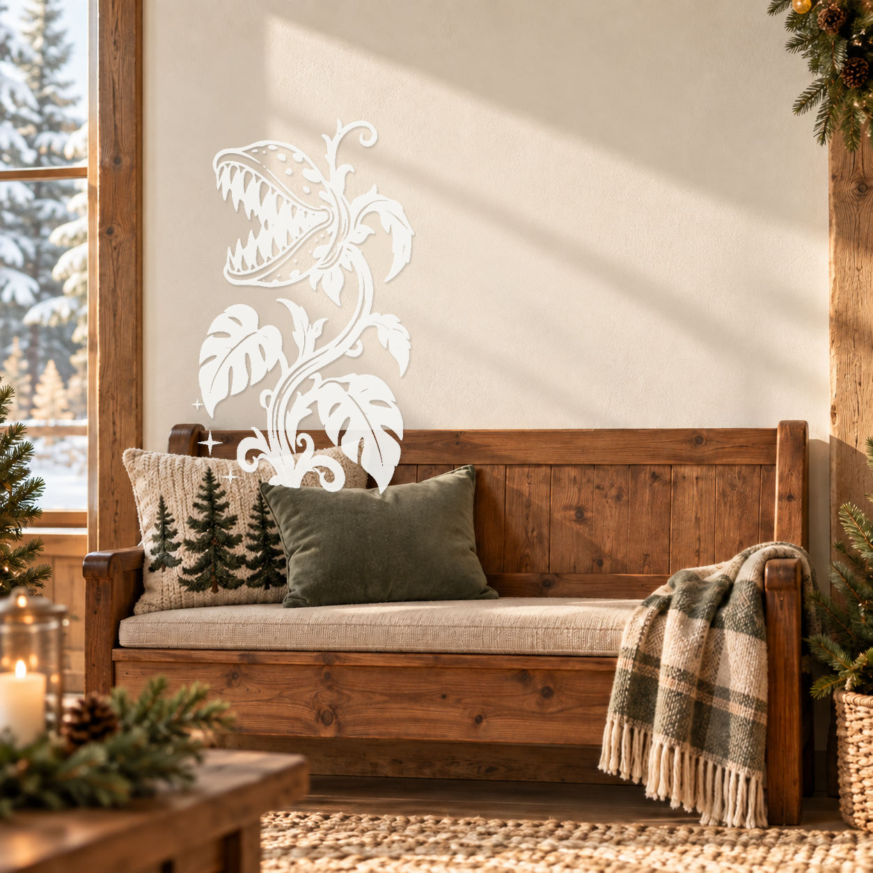 Mirrored white flower and leaf wall decal with three-point compass spark accents