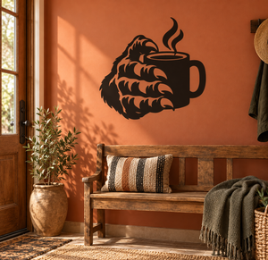 Monster hand holding coffee mug vinyl wall decal with steam, black silhouette