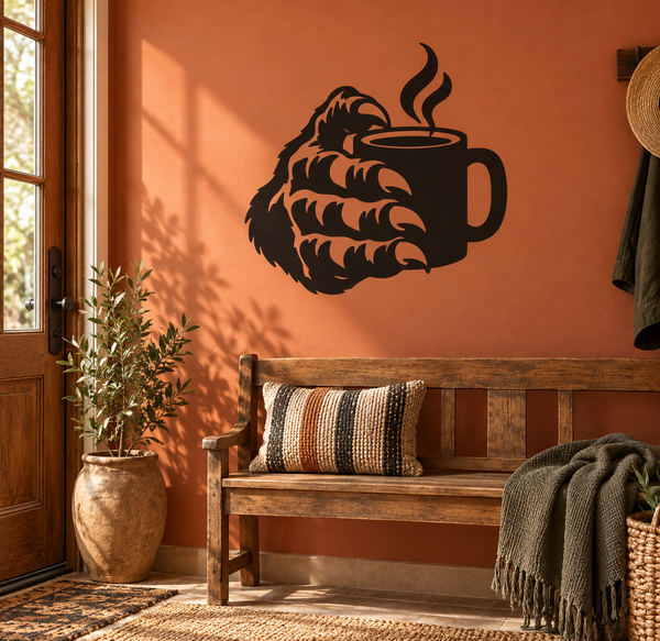 Monster hand holding coffee mug vinyl wall decal with steam, black silhouette