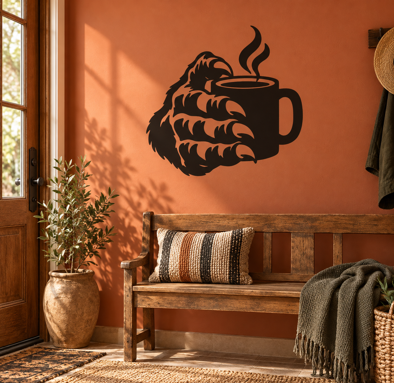Monster hand holding coffee mug vinyl wall decal with steam, black silhouette