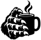 Black monster hand coffee mug vinyl decal with steam, close-up silhouette