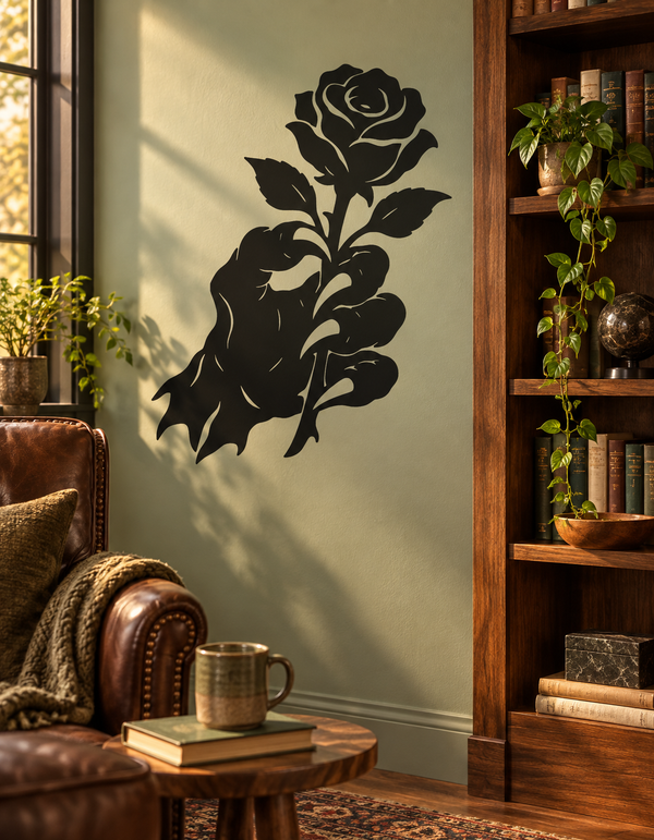 Black hand-holding-rose vinyl wall decal with detailed leaves and petals silhouette