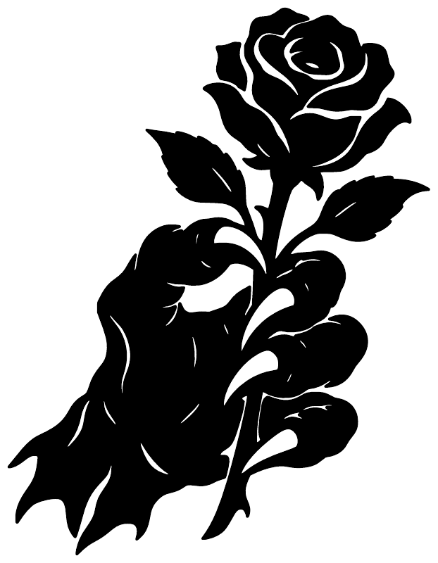 Black hand holding rose vinyl decal silhouette with rose blooms and leafy details