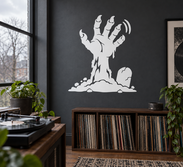 Zombie hand wave vinyl decal, black silhouette of outstretched undead hand