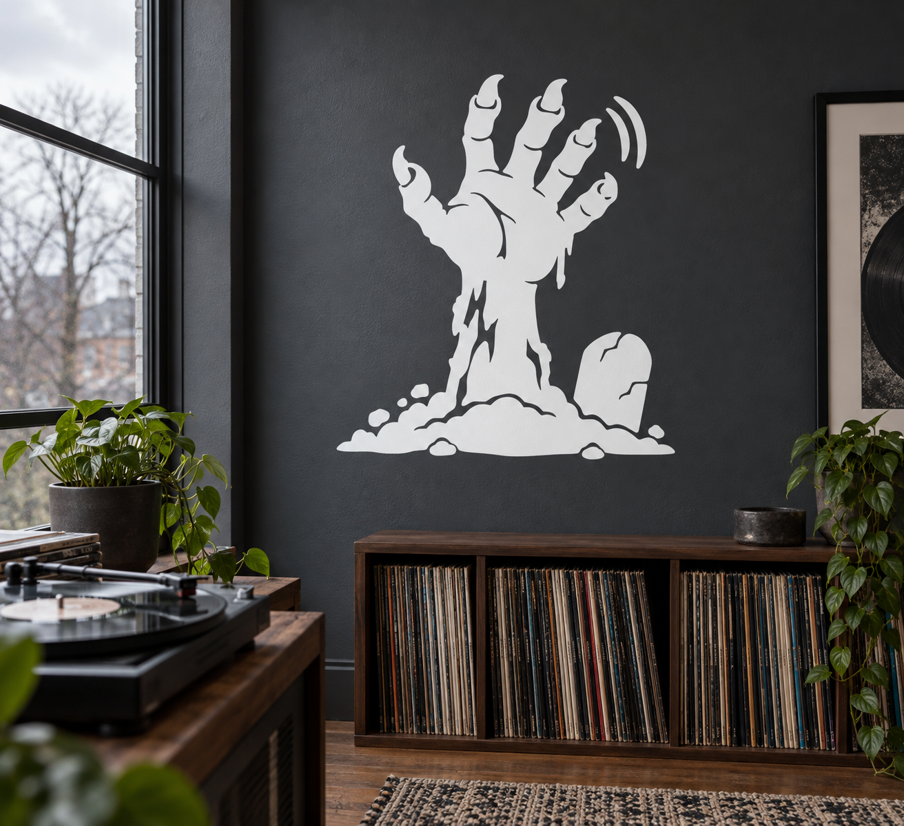 Zombie hand wave vinyl decal, black silhouette of outstretched undead hand