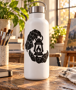 Black vinyl decal featuring MonsterHand lantern graphic on a white bottle