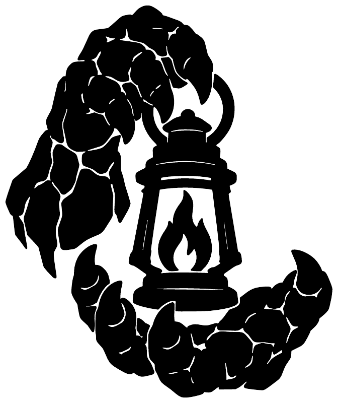 Black vinyl decal of a MonsterHand hand holding a lantern graphic on white
