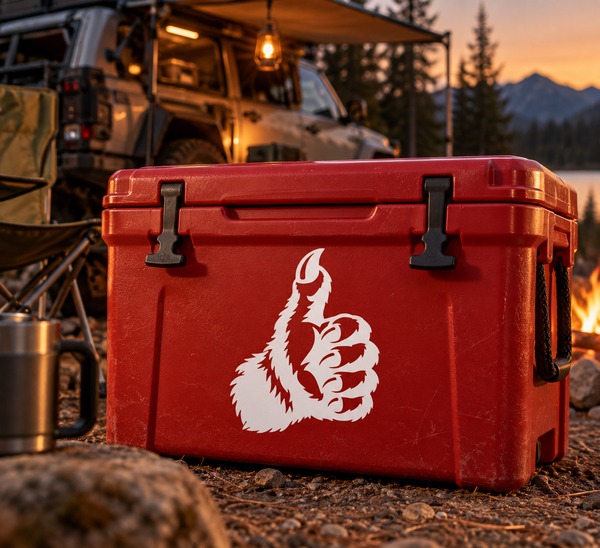 MonsterHand furry thumbs-up vinyl decal on red cooler