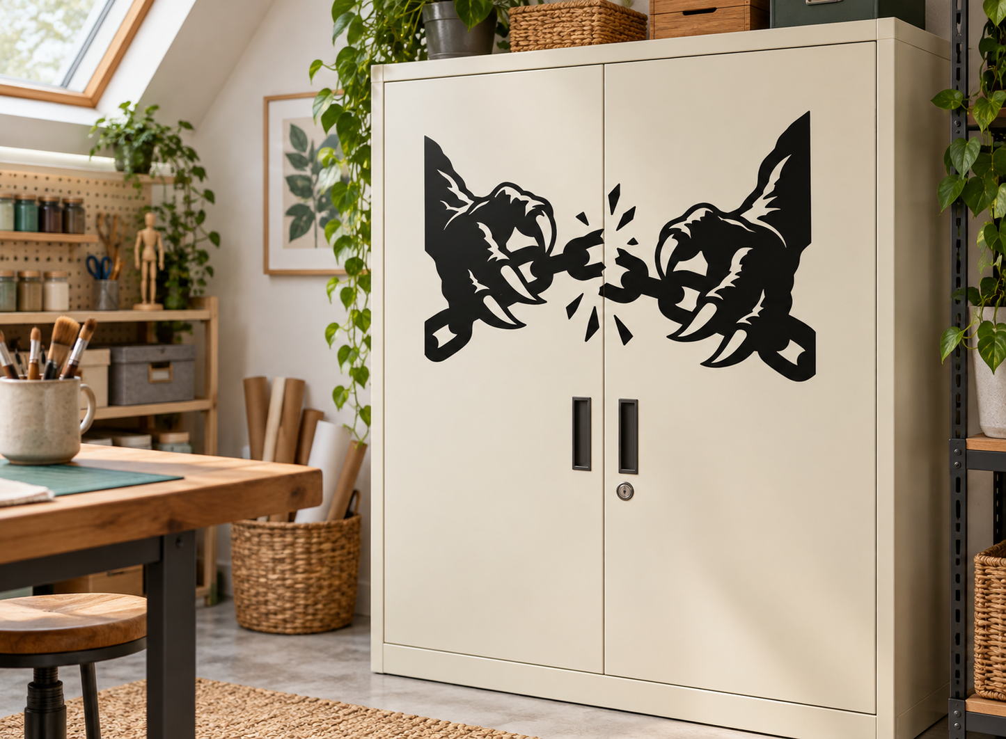 Claw Breaking Chain vinyl decal, black claw hands breaking chain on cabinet MonsterHandCX013